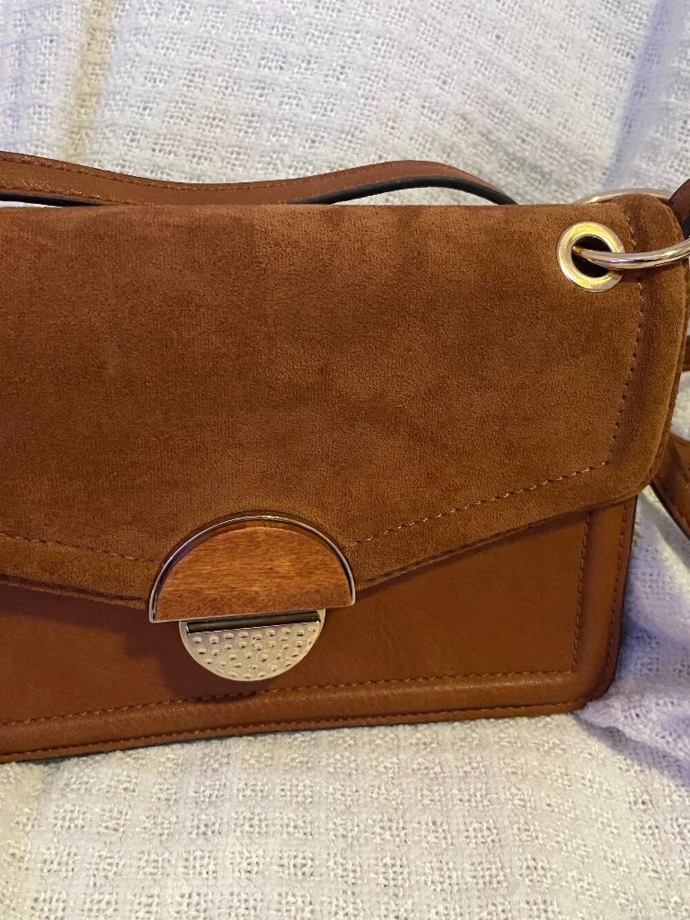 ALDO Brown Suede Leather Crossbody/Shoulder Bag Gold Silver Circle Clasp Purse